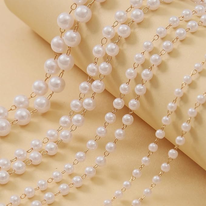 4 Yards Faux Pearl Chain, Gold Stainless Steel Chain Link with Lobster Clasps, for Jewelry Making Craft Supplies Findings (4mm, 5mm, 6mm, 8mm Pearls)