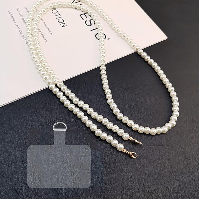 Phone Chain Crossbody Pearl Strap, Pearl Beaded Chain Shoulder Crossbody Lanyard with Phone Tether Patches Compatible with Most Phones Bag Purse
