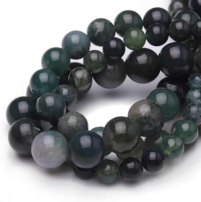Natural Stone Beads for Jewelry Making,10mm Moss Agate Polished Smooth Round Gemstone Beads for Bracelet Necklace 15 Inch