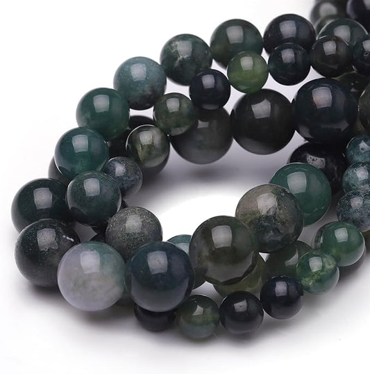 Natural Stone Beads for Jewelry Making,10mm Moss Agate Polished Smooth Round Gemstone Beads for Bracelet Necklace 15 Inch