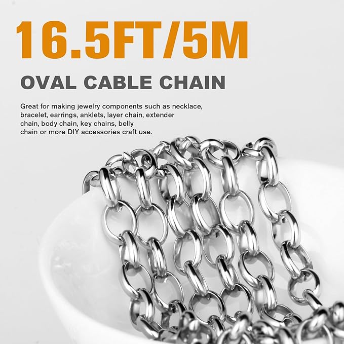 16.5FT Stainless Steel Oval Rolo Chains Roll, 7.5mm Width 304 Stainless Steel Oval Cable Link Chain Bulk Spool for Jewelry Making DIY Craft