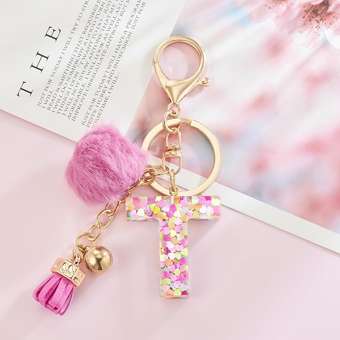 Resin Alphabet Initial Letter Keychain Keyring for Women Purse Handbags With Fur Ball Pom