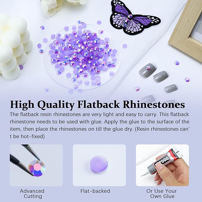 3000PCS Resin Flatback Rhinestone, 2mm 3mm 4mm 5mm 6mm Light Purple/Violet AB Jelly Rhinestones for Mugs, Bottles, Tumblers, Craft, Mixed 5 Sizes, Loose Bling Glitter Diamond Stone