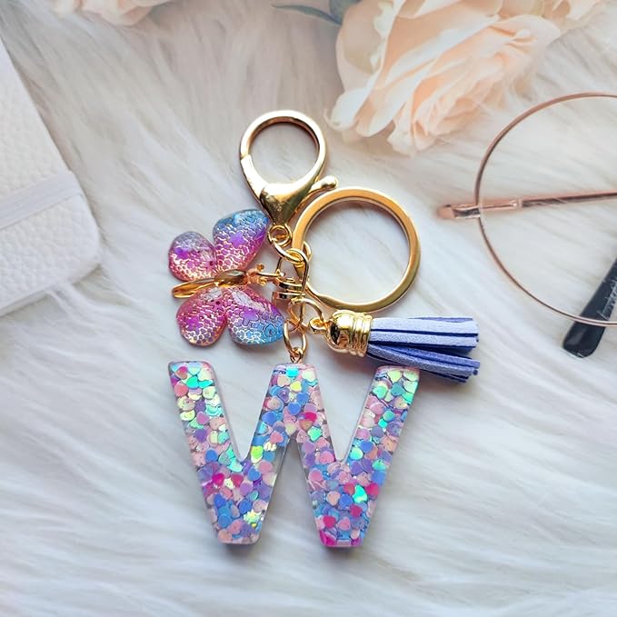 Cute Initial Letter Keychains for Women Girls Tassel Butterfly Pink Purple Green Keychain for Backpack School Bag