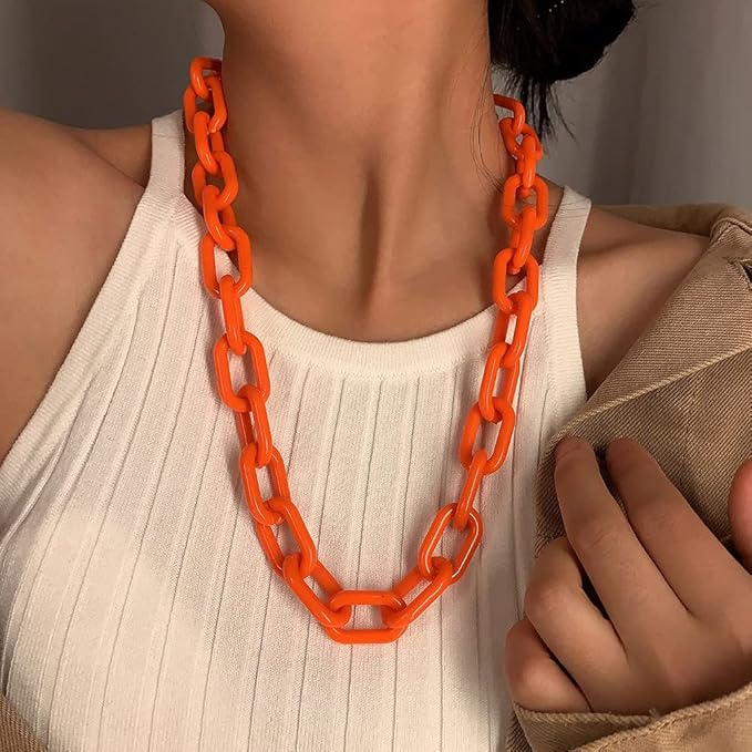 Wiwpar Long Acrylic Choker Necklace Paperclip Chain Necklace Minimalist Multicolor Chunky Chain Collar Necklace for Women (Orange)