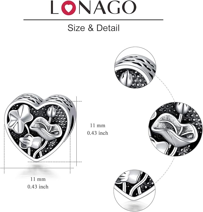 LONAGO 925 Sterling Silver Personalized Photo Charm Fit Compatible for Bracelet Necklace Customized Heart Round Shape Picture Bead