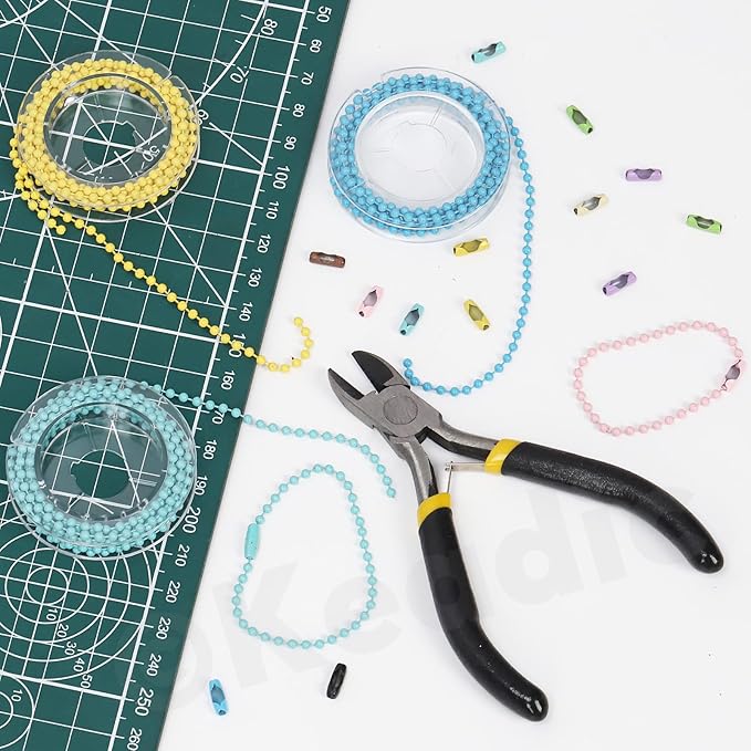 Swpeet 10 Colors 1m/3.28ft × 2.4mm Plated Ball Beaded Chains with 1Pc Pliers and 100 Pcs Connectors Kit, Bead Link Dog Tag Chain Roll, Necklace Chains, Pull Chain Roll Spool Ball for Keychain Tags