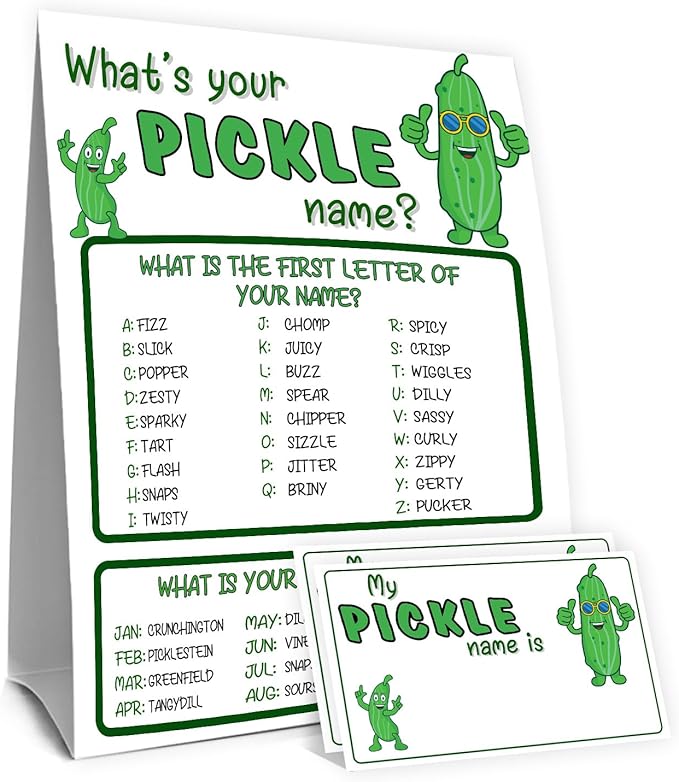 Pickle Party Decorations, Pickles Theme Birthday Party Sign for Boys Girls, Kids Activity Cards, What's Your Pickle Name Game, Activity Supplies