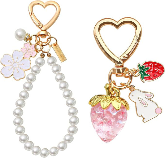 2Pcs Strawberry Keychain Flower Cherry Blossom Keychain Cute Bag Charms Strawberry Gift for Women Girls