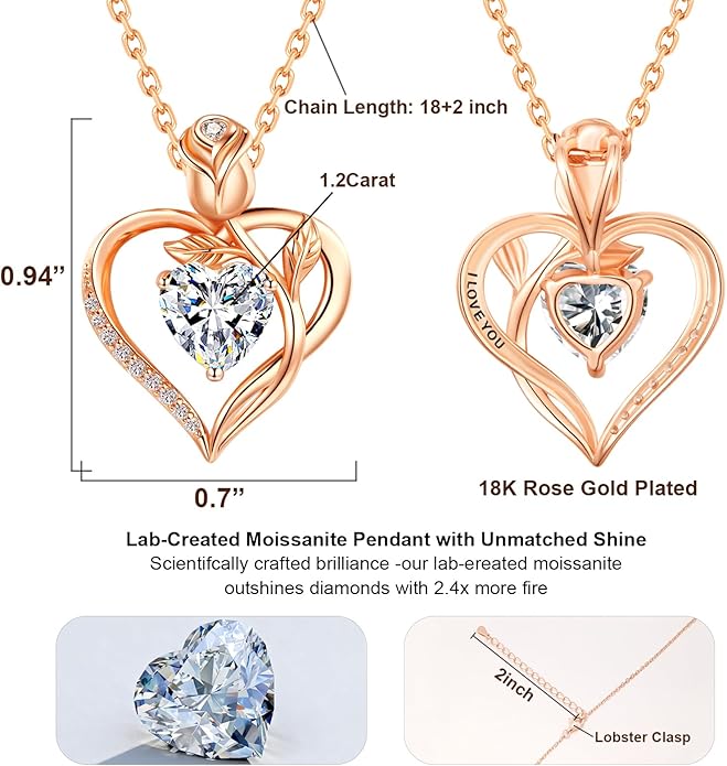 1.2CT Rose Heart Necklace Option of Moissanite or Lab-Grown Sapphire Ruby Emerald&More Necklace for Women Birthstone Girlfriend Necklace S925 Sterling Silver 18K White/Rose Gold Plated D Color VVS1 Gift for Wife Mother Daughter for Birthday Anniversary...