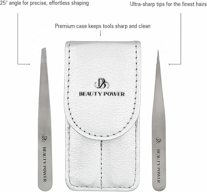 Beauty Power Professional Tweezers Set – Slant & Point, Ultra Precision German Stainless Steel Tweezers for Eyebrows, Chin, Ingrown Hair & Facial Grooming – Lightweight with Travel Case (Matte Grey)