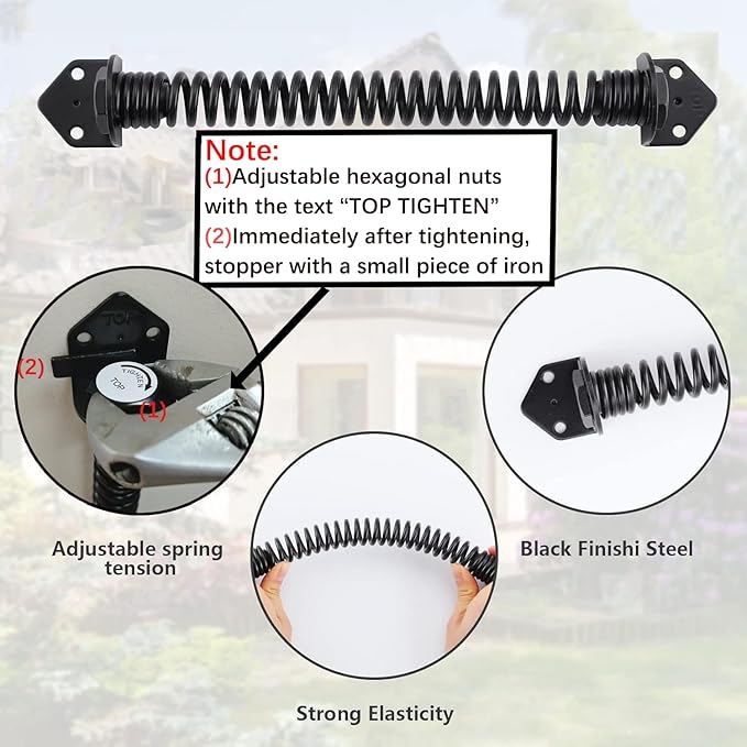 HOME MASTER HARDWARE 14" Gate Spring Self Closing Outdoor, Heavy Duty Gate Springs Black,Automatic Gate Closer for Wooden and Vinyl Fence, Adjustable Tension Door Springs to Close Door(Steel,2 Pack)