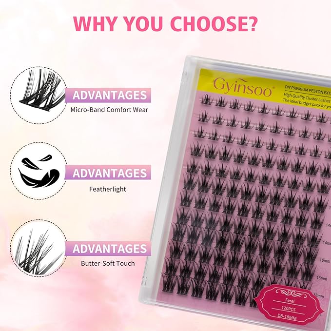 Gyinsoo 120Pcs DIY Lash Extension Kit D Curl 8-18mm Mix "Feral" Style Anime Manga Lashes with Pink Bond and Seal, Remover & Tweezers - Spiky Wispy Individual Lashes