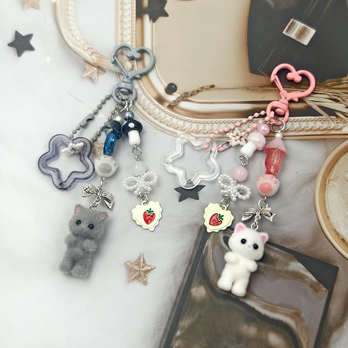 Cute Cat Keychain, Y2K Heart Bow Pendant, Kawaii Cat Bag Charm