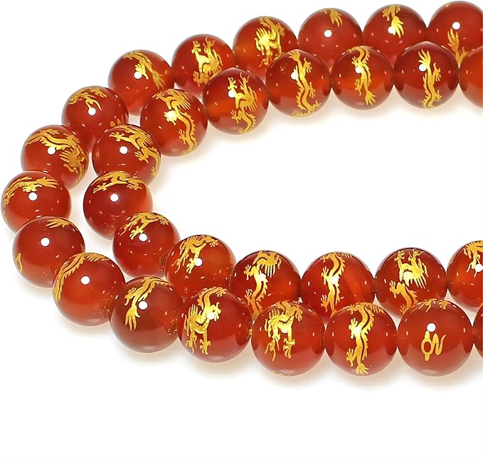 MJDCB Natural Stone Beads 14mm 25pcs Round Red Agate Carved Dragon Loose Gemstone Bead Charms for Jewelry Making Bracelet Necklace Earring Pendant