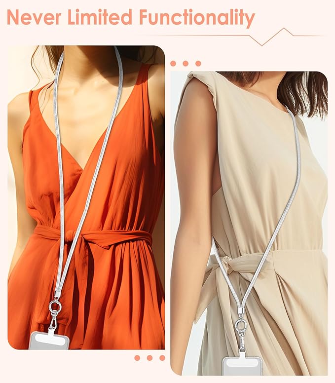 MoKo Universal Phone Lanyard, Metal Cell Phone Chain Crossbody Strap Anti-Theft Detachable Women Cellphone Lanyards Around The Neck with Patches for iPhone, Most Smartphones - Bright Silver