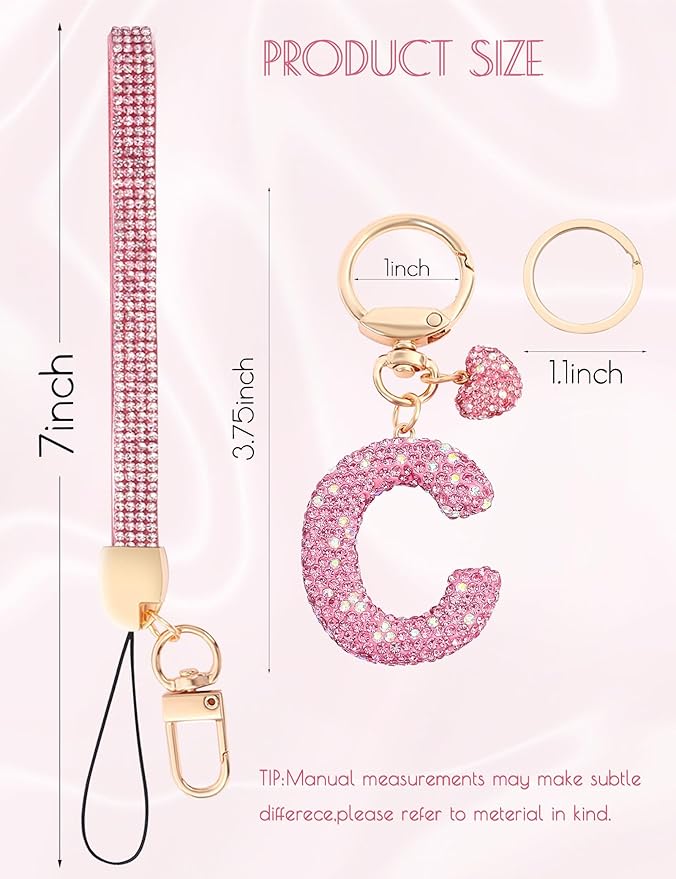 Initial Keychain for Women Girls,Bling Letter Key chain Initial with Heart,Pink Keychain Charms for Backpack Handbag