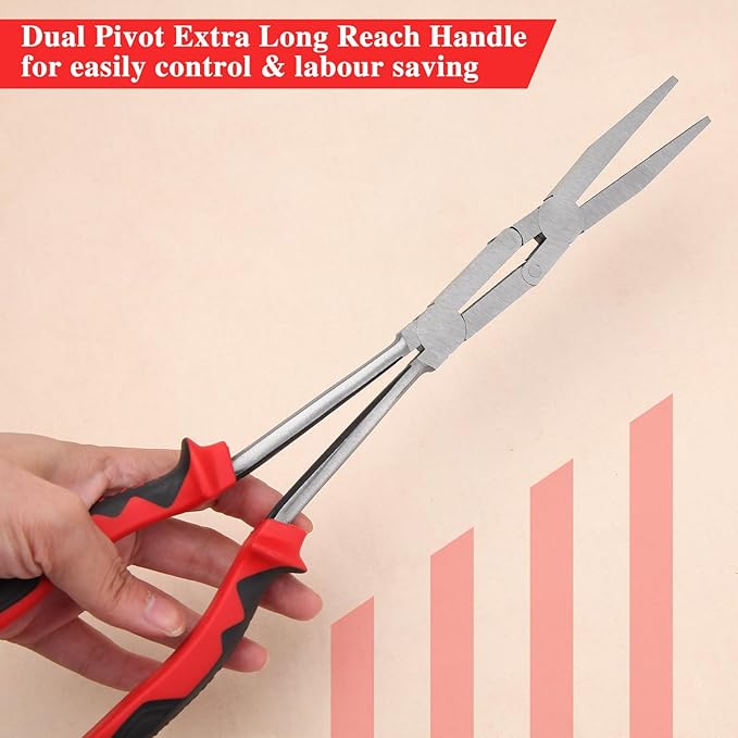 Dual Pivot Double-Joint Flat Pliers With Serrated Jaw Extra Long Reach Compound Action for Hard to Reach Narrow Spaces