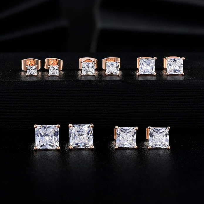 MDFUN 5 Pairs Square Earrings Set for Women Hypoallergenic 18K White Gold/Yellow Gold/Rose Gold Plated Princess Cut Clear Cubic Zirconia Stud Earring 3-7MM Pack of 5