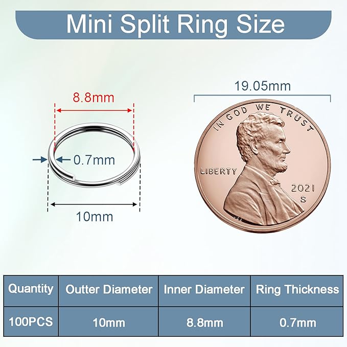 100PCS 10mm Mini Split Ring for Keychains, Double Loops Split Jump Rings Jewelry Making Necklaces Bracelets Earrings Metal Tiny Small Key Ring for Pet Collar Tag, Luggage Tag DIY Craft Accessories