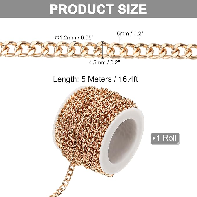 PATIKIL 16.4Ft Aluminium Curb Chains Twisted Links, 6x4.5mm Curb Chain Spool Jewelry Making Chains Craft Chain for Necklace Bracelet Earring, Rose Gold