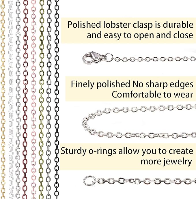 Jishi 80ft Necklace Chains Jewelry Making Chain Link Rolls Bulk 2mm - Bracelet Earring Necklace Craft Supplies DIY Jewelry Making Findings, 8-Colors Gold Silver Copper Plated Metal Rolo Cable Chains