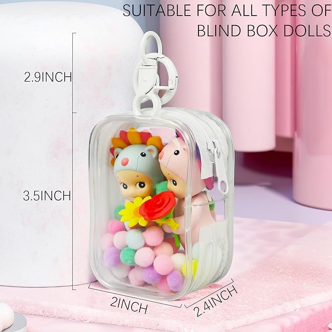 Clear Figure Display Bag with Keychain, Portable Small Doll Storage Bag Hanging Blind Box Organizer Zipper Closure, Dustproof Collectibles Display Case for Showing Off Blind Boxes, Mini Figures