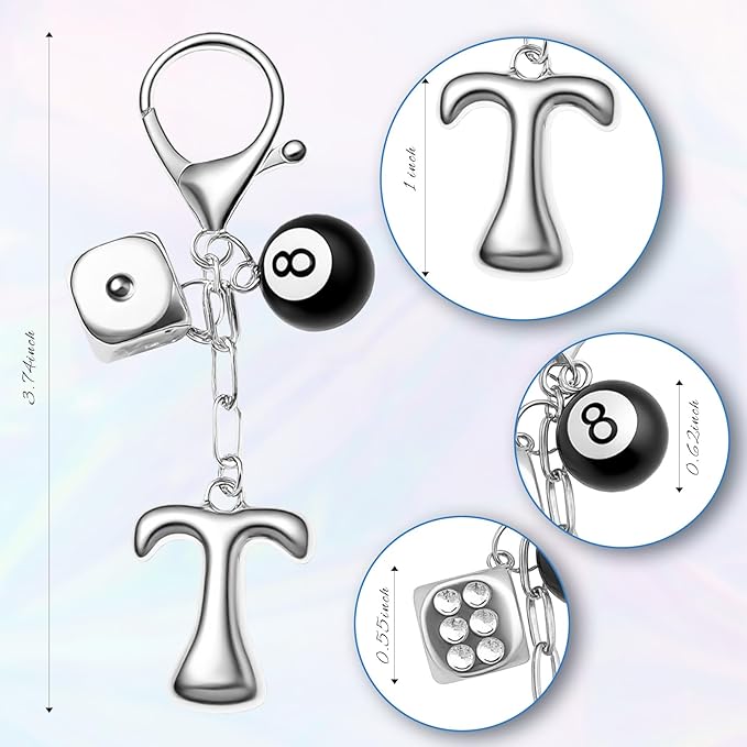 8 Ball Dice Keychain with Silver Bubble Initial - Y2K Aesthetic Cute Bag Purse Charms for Women