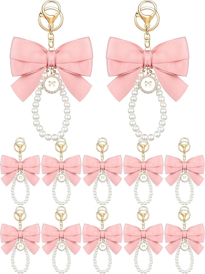 Sureio Pink Bow Keychain Coquette Pearl Bowknot Keyring Bulk Wristlet Keychain Vintage Ribbon Purse Charm for Women Handbags