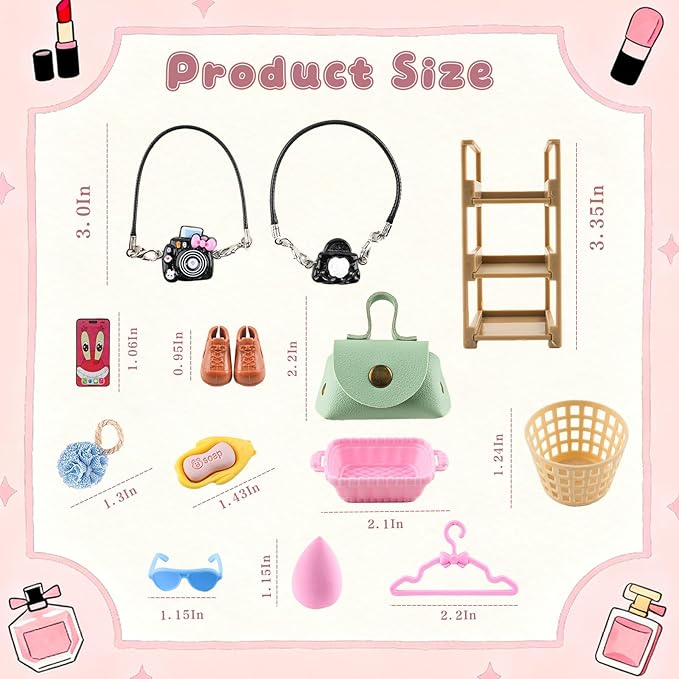 93 PCS Miniature Dollhouse Accessories Dollhouse Bathroom and Makeup Set with Towel Toothbrush Shampoo Toiletries Mini Perfume Shoes Backpack for Girl Micro Scene
