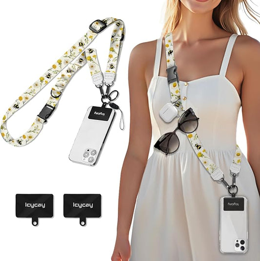 Phone Lanyard Crossbody, Floral Bee Cell Phone Strap for Around The Neck Adjustable, Flower Teacher Anti Theft Cute Lanyard for iPhone Case ID Holder Keys Accessories Travel Essential