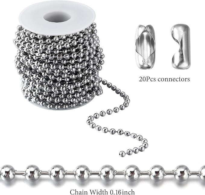 Topacket 33Feet Ball Bead Chain Stainless Steel Dog Tag Chain with Matching Connectors for Jewelry Making Necklace Hanging Bracelets Keychain(4.0mm)