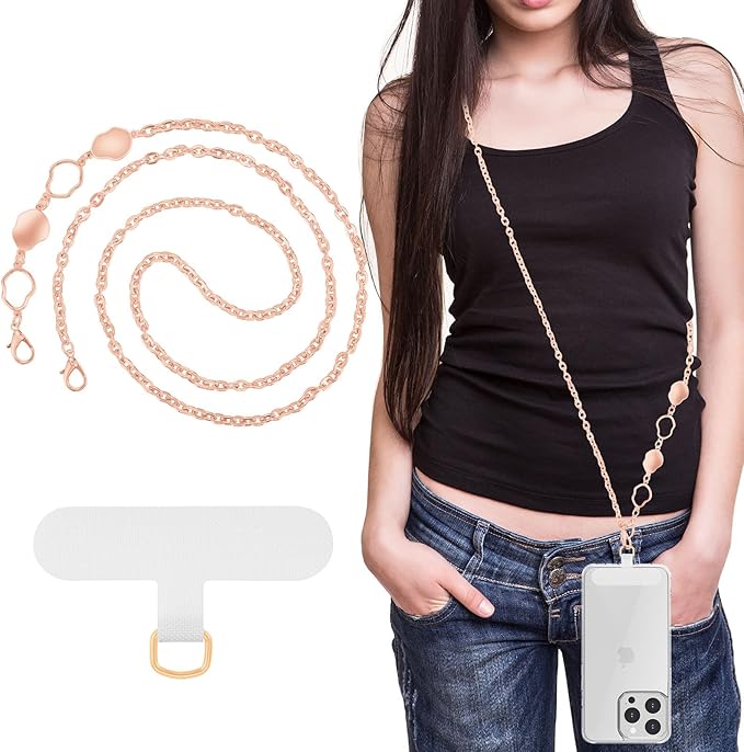 MoKo Universal Phone Lanyard, Metal Cell Phone Chain Crossbody Strap Anti-Theft Detachable Women Cellphone Lanyards Around The Neck with Patches for iPhone, Most Smartphones, Rose Gold