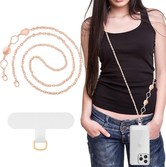 MoKo Universal Phone Lanyard, Metal Cell Phone Chain Crossbody Strap Anti-Theft Detachable Women Cellphone Lanyards Around The Neck with Patches for iPhone, Most Smartphones, Rose Gold