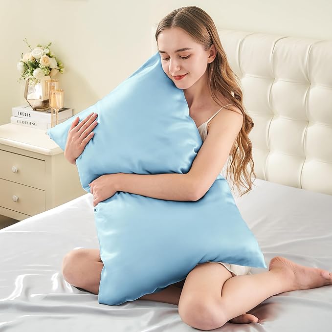 INFIIXSO Silk Pillow Cases 2 Pack Standard Size, Ultra Smooth & Soft Mulberry Silk Pillow Case for Hair and Skin, Breathable Cooling Silk Pillowcase with Hidden Zipper (Light Blue, 20x26 Inches)
