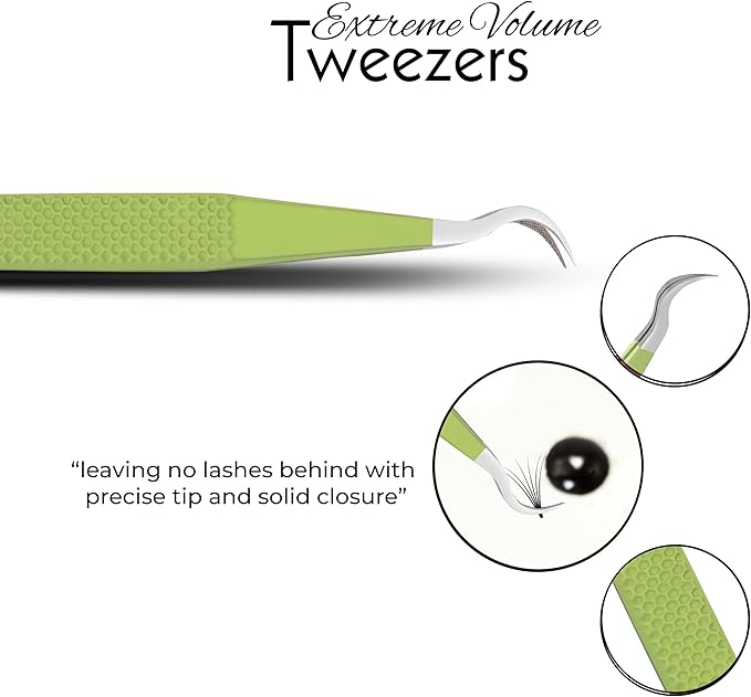 SIVOTE Lash Tweezers for Eyelash Extensions Fiber Tips, Set of 3, 45 Degree, Curved, Volume Boot, Dark Green Red Green