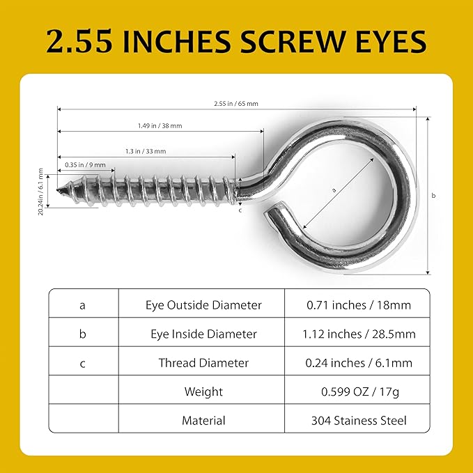 12 Pcs Screws Eye Hooks 2.56 Inch 304 Stainless Steel Heavy Duty Eye Hooks Screw,m5 Screw Eye,Rust and Corrosion Resistant,Load Bearing 200LB,Indoor & Outdoor Use (12)