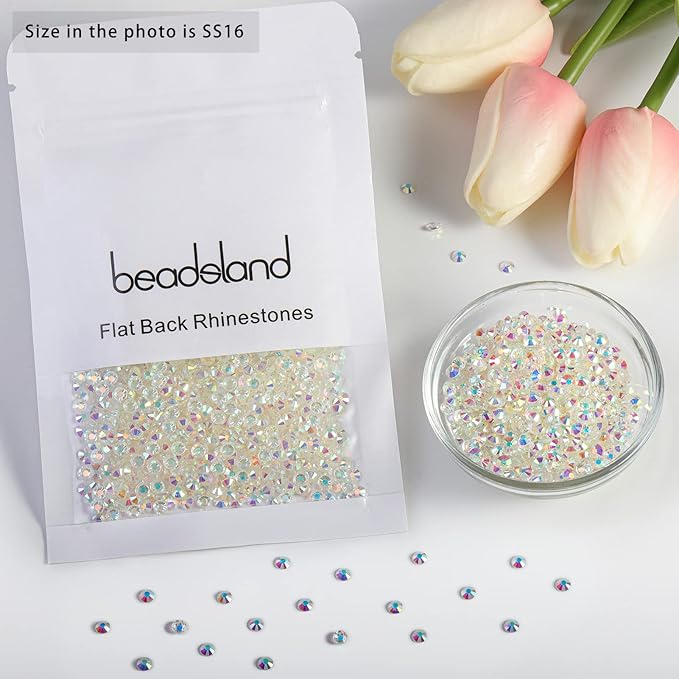 Beadsland Flat Back Crystal Rhinestones Round Gems for Nail Art and Craft Glue Fix, Transparent AB, 3.8-4.0mm, SS16/1440pcs