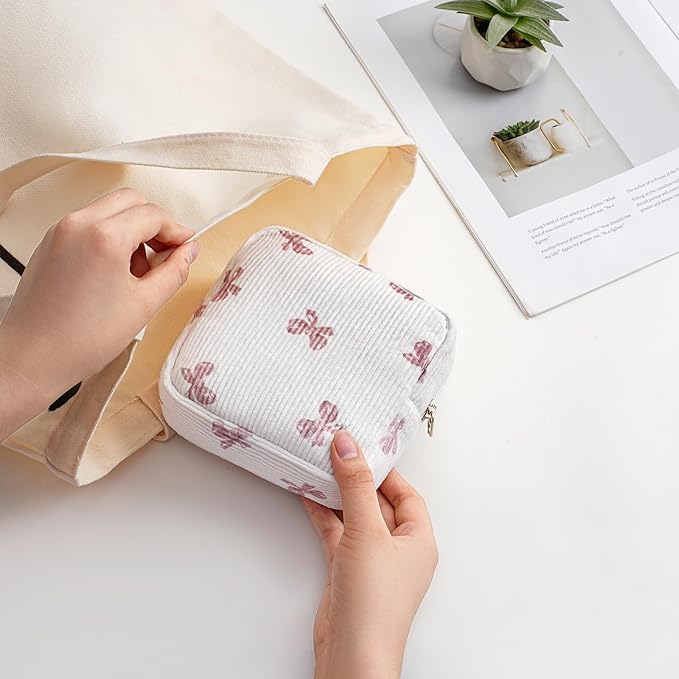 uekeboag Cute Small Corduroy Zipper Makeup Bag, Mini Coquette Aesthetic Pouch with Bow Pattern for for Purse,Key Pocket Lipstick Bag Card Holder Data Cable Organizer for Women Girls (08WhitePink Bow)