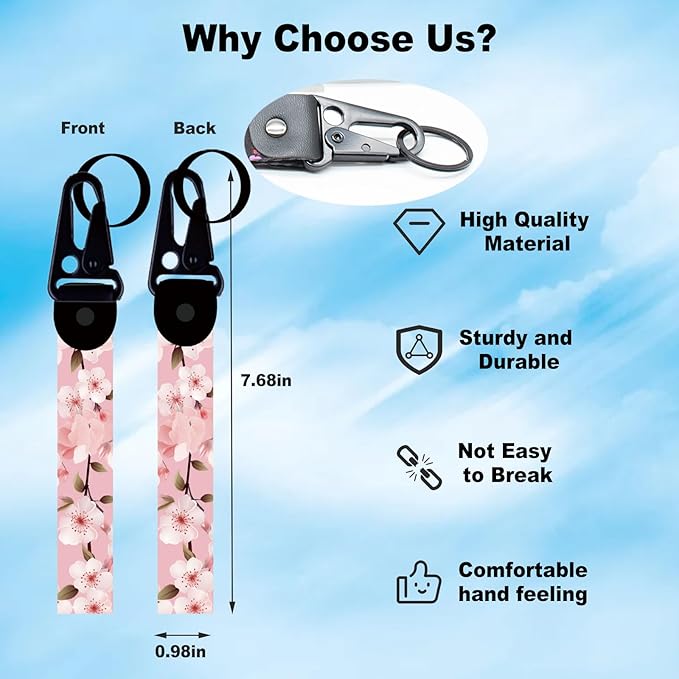 2 Pcs Classic Black & Floral Keychain Wristlet Lanyard for Women couples, Flower Wristlet Strap for Keys Hands-Free Wearable
