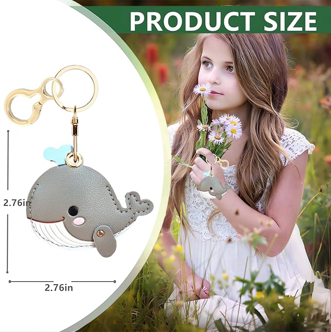 Leather Keychain Holder Case Compatible with AirTag,Cute Protective Cover with Keyring,Anti-Scratch Finder GPS Tracker Case for Wallet Keys,Bag,Pets(Whale Grey)