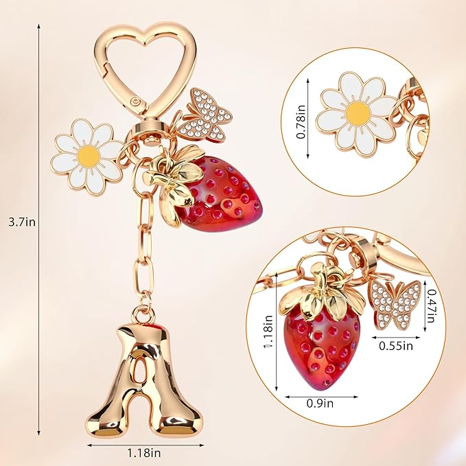 Strawberry Initial Keychain for Women-Cute Kawaii Gold Alphabet Bag Charms, Key chain Gift for Purse Handbag