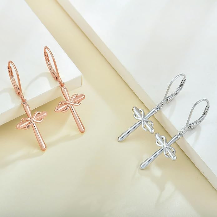Starchenie Infinity Cross Earrings for Women 925 Sterling Silver Polished Cross Leverback Earring Crucifix Jewelry