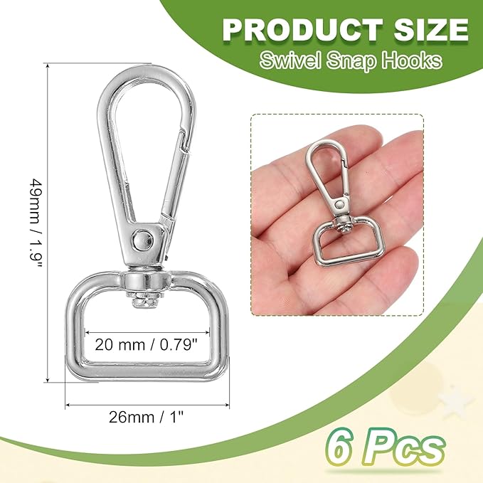 Swivel Snap Hooks, Metal D Ring Keychain Lanyard Clip Hook Lobster Clasp Claw Push Gate Clip - Fitting for(Purse Making - Sewing - DIY Crafts) 6 Pcs & 3/4" & Silver White