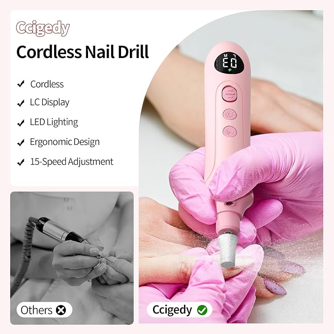 Ccigedy Professional Manicure Pedicure Electric Nail File for Thick Nails Hand Feet Care,Cordless Toenail Grinder 15 Speed,Nail Drill with LCD Screen,Ideal Valentine's Day Gift for Women/Men-Pink