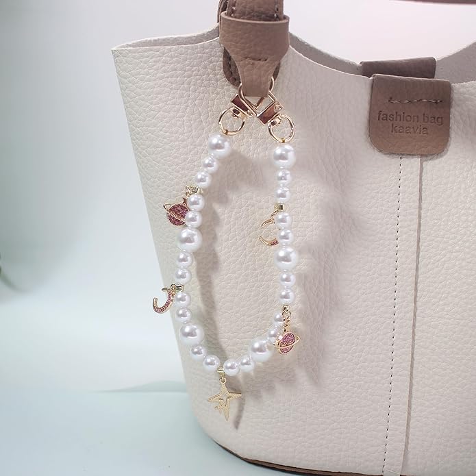 Pearl Beaded Phone Charm Wrist Strap,Cute Bracelet Wristlet Lanyard,Gold Double Chain for Phone Case,Purse Bag Wallet