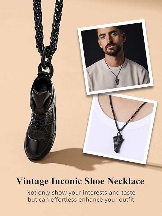 Bestyle Sneaker Shoe Necklace for Men, Chunky Vintage Black Gold Shoe Pendant Cool Cute Sport Jewelry for Brother Husband