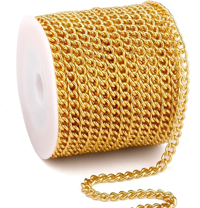 33FT 18K Gold Plated Stainless Steel Curb Chain Roll, 5mm 304 Stainless Steel Flat Twisted Links Curb Chains Bulk for Jewelry Making Necklace DIY Craft