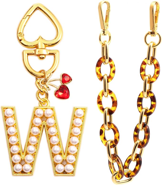 Pearl Initial Keychain with Leopard Bag Charms Wallet Chain Women Cute Alphabet Keychains Charm for Purse Handbag