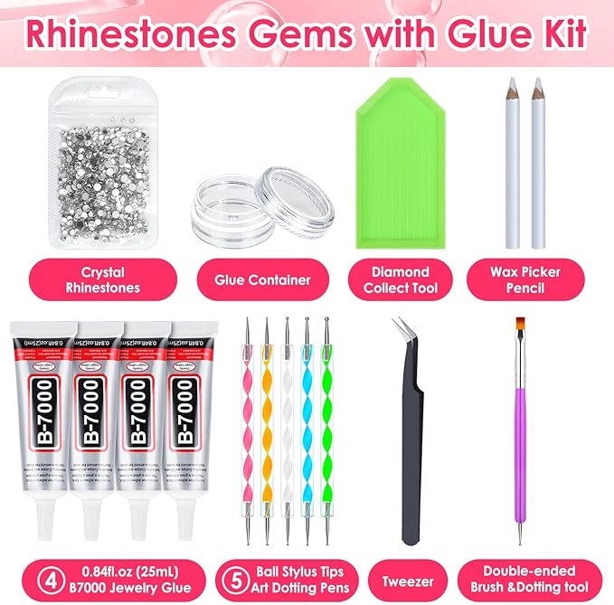 B7000 Glue Clear with Precision Tip, 4 Pcs 25mL Jewelry Bead Gem Tac Glue, Bedazzling Adhesive with Clear Rhinestones, Dotting Pen Tool for Jewelry Making Clothe Fabric Shoes DIY Crafts Nail Art